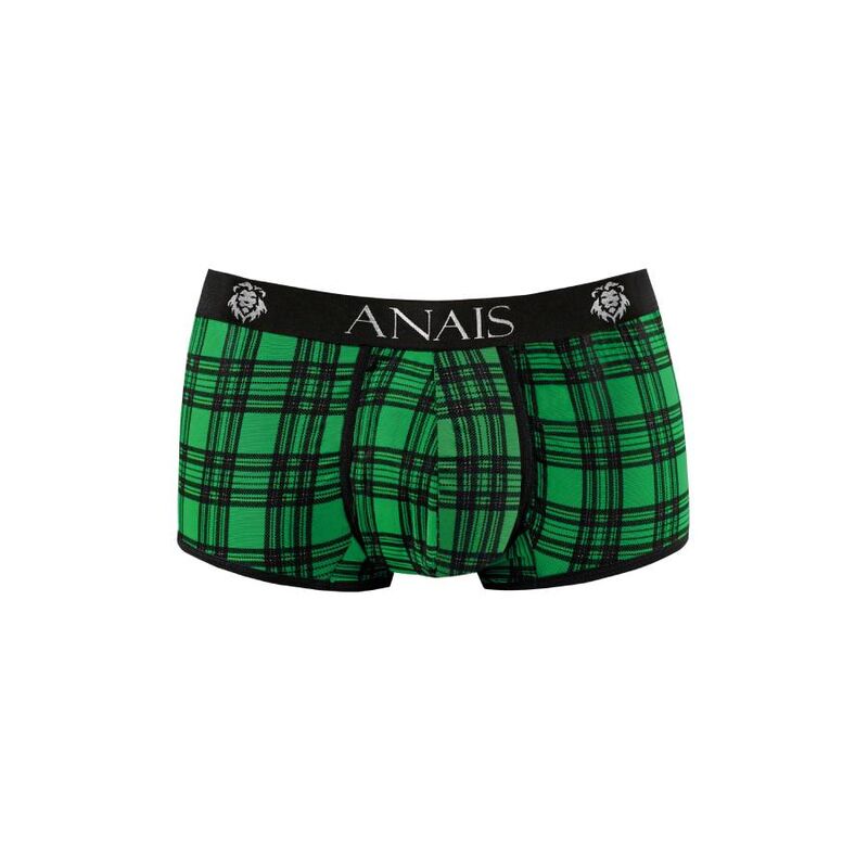 Boxer homme Magic a plat de face, carreaux verts et noirs en lycra, large ceinture noire siglee Anais, pochette avant galbante, lingerie masculine ajustee.