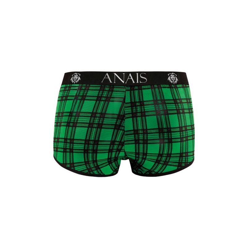 Boxer homme Magic vu de dos a plat, maille a carreaux verts et noirs, ceinture elastique Anais, coupe sportive arriere couvrante de lingerie masculine.