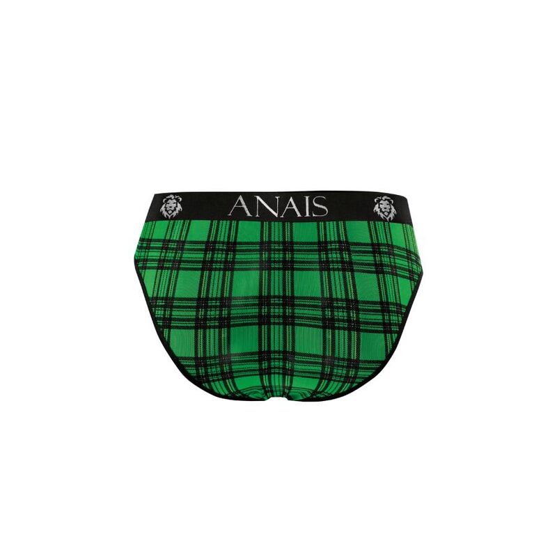 Slip homme Magic vu de dos a plat, carreaux verts et noirs en lycra doux, ceinture elastique Anais, coupe arriere couvrante de lingerie masculine confortable.