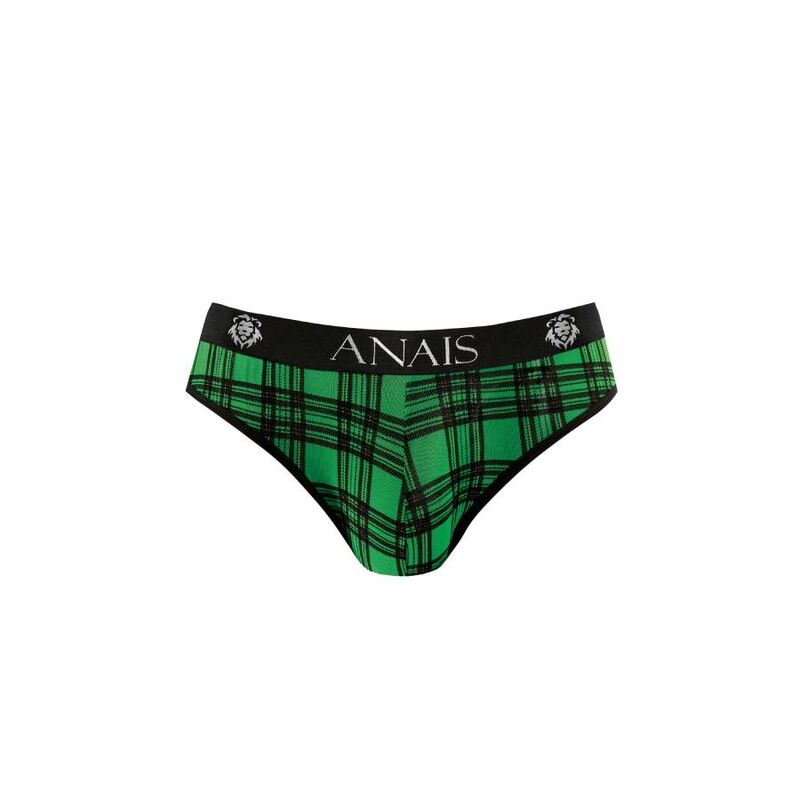 Slip homme Magic presente a plat de face, lycra a carreaux verts et noirs, large ceinture elastique noire siglee Anais, coupe ajustee de lingerie masculine.