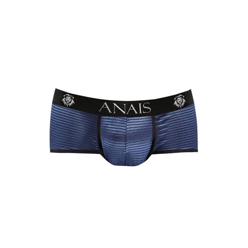 Boxer homme Naval en tulle noir a rayures bleu marine, gros plan de face a plat, pochette galbante avant et ceinture large logo Anais extensible et douce.