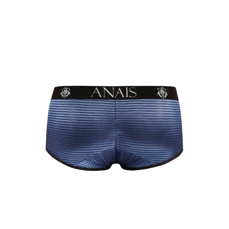 Boxer homme Naval Anais en tulle raye bleu marine, vue a plat de dos, maille satinee extensible et large bande de taille pour une coupe sportive ajustee.
