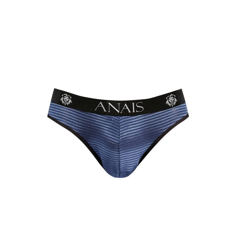 Slip homme Naval en tulle noir rehausse de fines rayures satinees bleu marine, vue de face a plat, ceinture large logo Anais et bande elastique confortable pour homme.