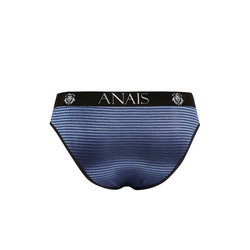Slip homme Naval en tulle bleu marine raye, presente a plat de dos, large bande de taille elastique au logo Anais et coupe ajustee confortable pour homme.