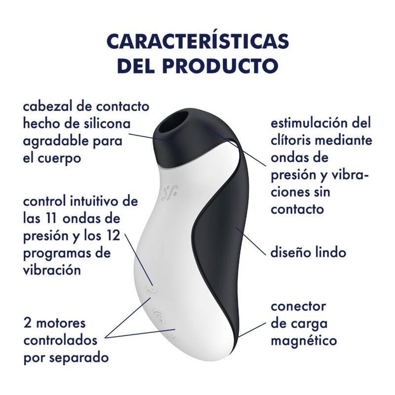 Schema descriptif du stimulateur Orca Satisfyer en espagnol, legendes pointant l'embout silicone, le controle 11 ondes et 12 vibrations et le connecteur magnetique.