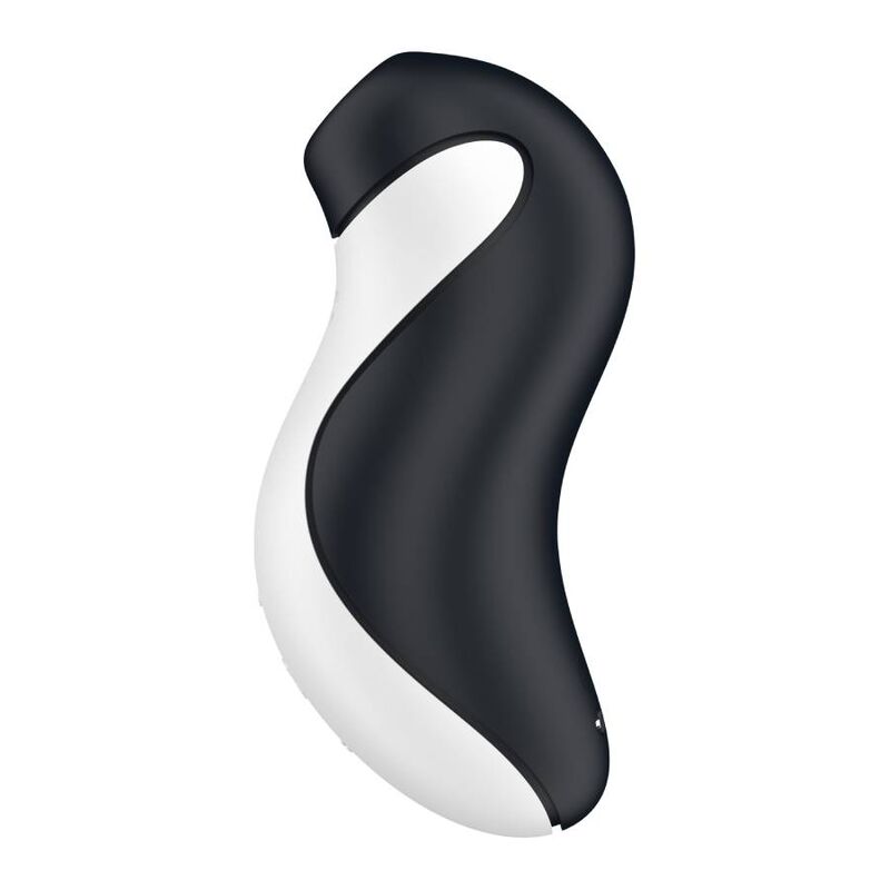 Stimulateur clitoridien Orca noir et blanc de profil, silhouette d'orque et embout d'aspiration en silicone, succion et vibration Satisfyer etanche rechargeable.
