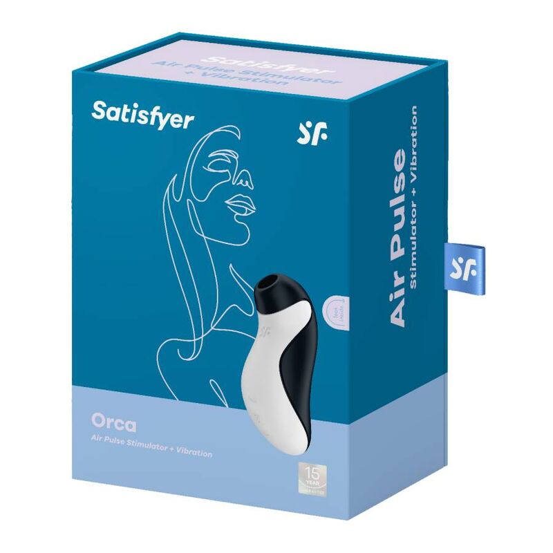 Boite bleue Orca Air Pulse Satisfyer avec visage graphique stylise, le stimulateur noir et blanc en silicone medical illustre, succion et vibration etanche.