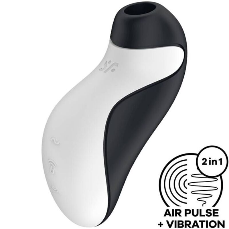 Stimulateur clitoridien Orca noir et blanc de trois quarts avec icone air pulse, embout d'aspiration en silicone medical, succion et vibration Satisfyer etanche.