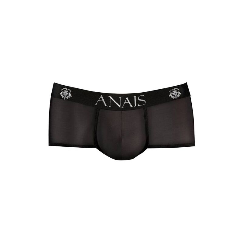 Boxer court homme Essence en microfibre noire douce, vue de face a plat, jambes courtes coupe sportive et large ceinture au logo Anais opaque fine extensible.