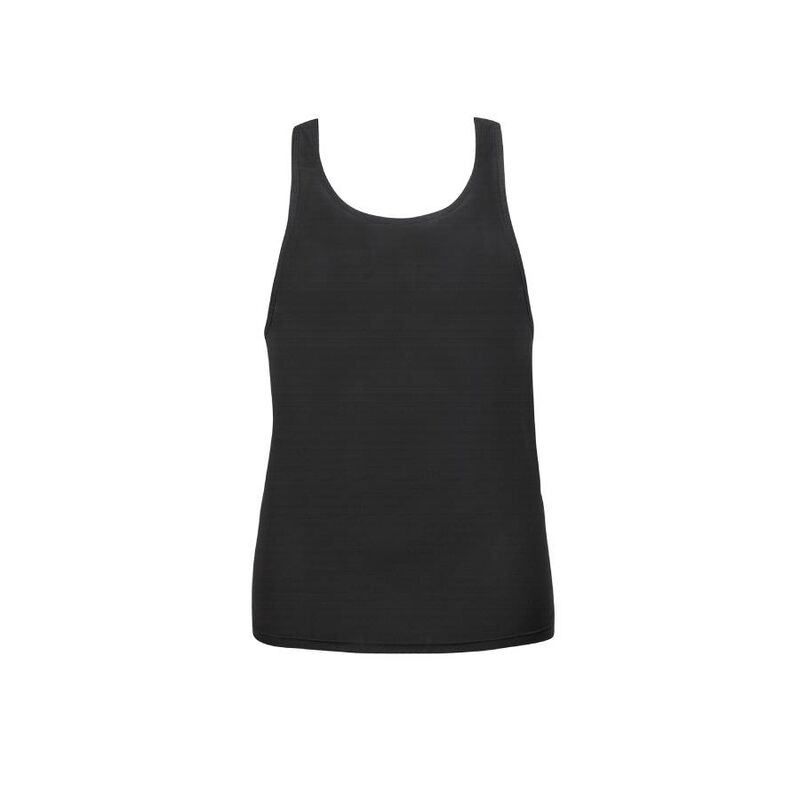 Debardeur homme Essence en microfibre noire, vue a plat de face encolure ronde, coupe sans manches classique et maille opaque fine extensible signee Anais.