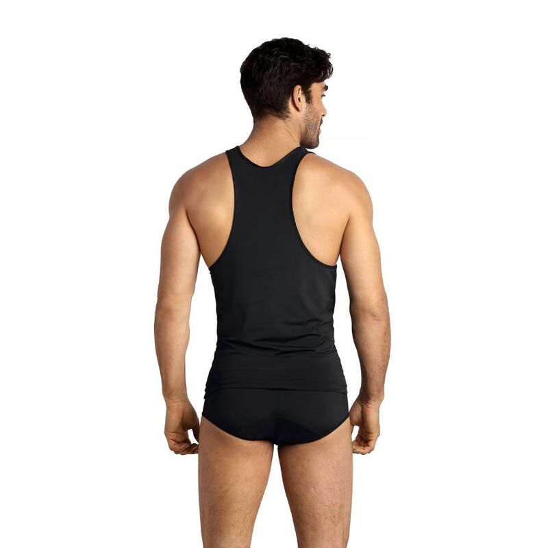 Debardeur homme Essence noir vu de dos sur modele, coupe nageur degageant le dos et boxer microfibre assorti a la large ceinture logo Anais opaque.