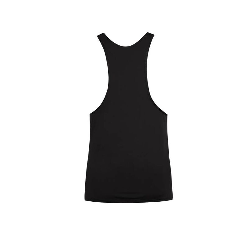 Debardeur homme Essence Anais en microfibre noire, presente a plat de dos, coupe nageur degageant les epaules, maille opaque soyeuse et extensible souple.