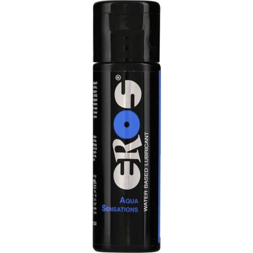 Flacon noir Eros Aqua Sensations base eau, logo bleu, vue de face, lubrifiant base eau a glisse soyeuse et effet rafraichissant compatible preservatifs