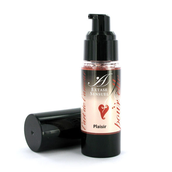 Flacon airless noir et nacre Extase Sensual de gel sensoriel Plaisir pour elle couche, etiquette coeur, texture oil-free absorbee rapidement pour stimuler les zones erogenes.