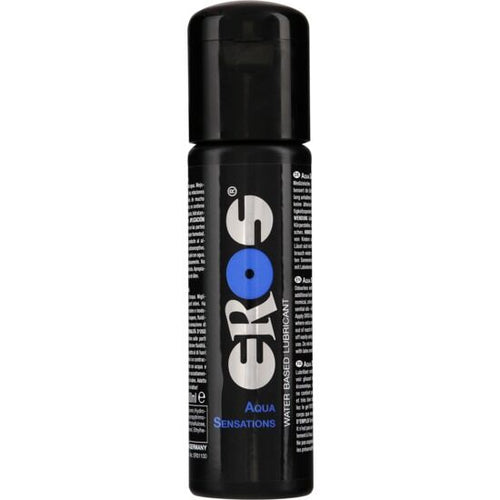 Petit flacon noir Eros Aqua Sensations, lubrifiant base eau effet rafraichissant, vue de face, glisse douce hydratante compatible preservatifs latex
