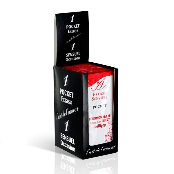 Présentoir noir de sachets Extase Sensuel Pocket ouvert, plusieurs doses visibles à l'intérieur