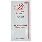 Pochette pocket Extase Sensual Hot Oil Extra Fresh Mangue-Mango de face, format voyage 10 ml d'huile stimulante effet chaud-froid saveur mangue pour preliminaires sensoriels.