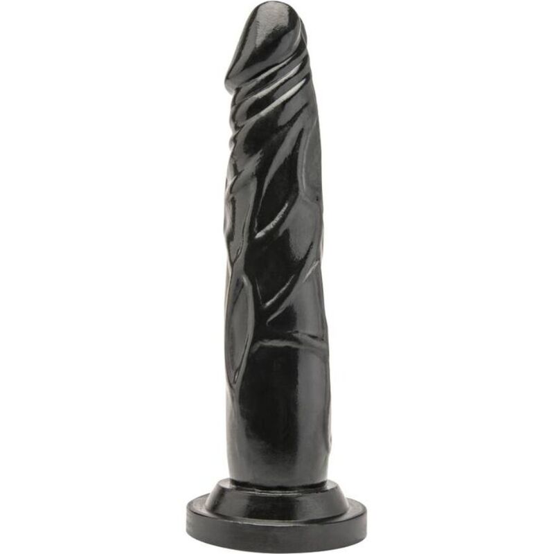 Gode dong realiste Get Real coloris noir vu de profil, tige veinee a gland marque sur base ventouse, matiere souple effet peau body-safe pour usage mains libres.