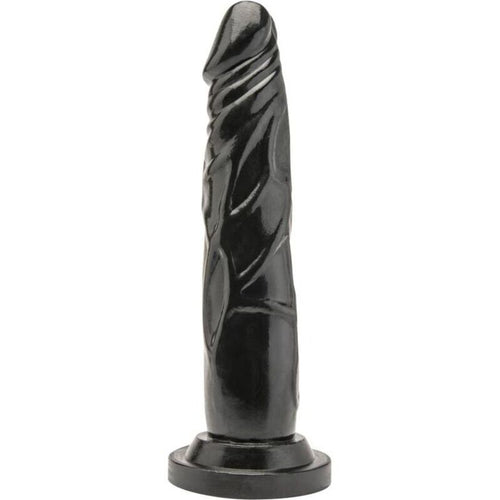 Gode dong realiste Get Real coloris noir vu de profil, tige veinee a gland marque sur base ventouse, matiere souple effet peau body-safe pour usage mains libres.