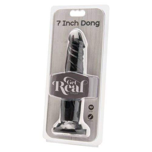 Emballage Get Real 7 Inch Dong presentant un gode dong realiste noir a gland marque visible sous le blister transparent, base ventouse pour usage mains libres.