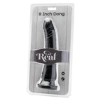 Emballage Get Real 8 Inch Dong presentant un gode dong realiste noir lisse a gland marque visible sous le blister transparent de la marque, base ventouse.