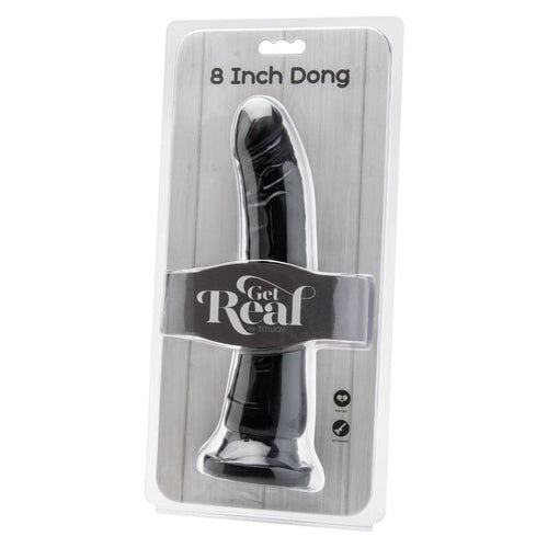 Emballage Get Real 8 Inch Dong presentant un gode dong realiste noir lisse a gland marque visible sous le blister transparent de la marque, base ventouse.