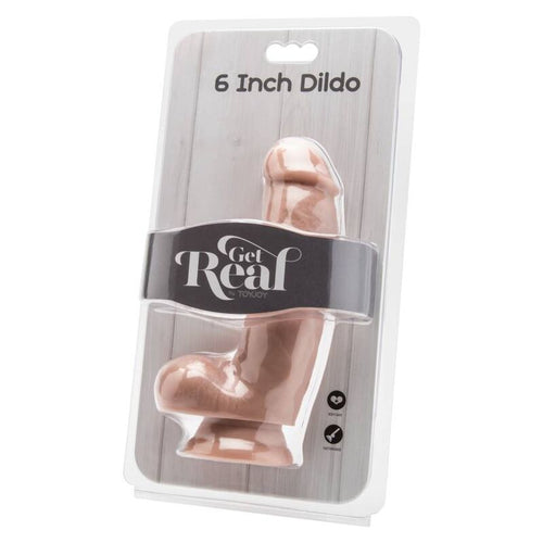 Blister Get Real 6 Inch Dildo : packaging transparent presentant le gode realiste chair a gland marque, testicules et ventouse, mention sans phtalates du fournisseur.