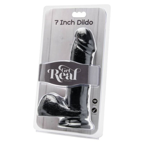 Blister Get Real 7 Inch Dildo en version noire : packaging presentant le gode realiste a gland marque, testicules et ventouse, design soigne veine sans phtalates.