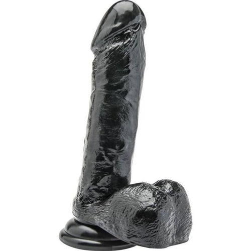 Gode realiste Get Real avec boules en PVC noir, profil : gland grave, veines pulsantes le long de la tige, testicules et base ventouse pour un rendu naturel mains libres.