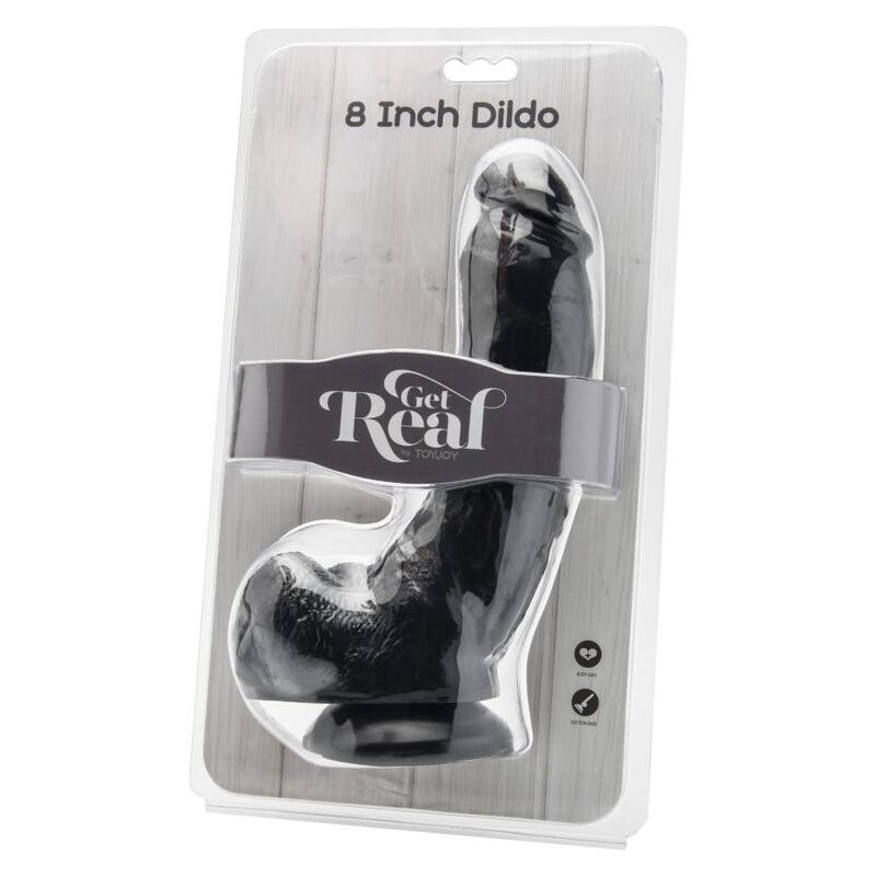 Blister Get Real 8 Inch Dildo presentant un gode realiste noir veine a gland et testicules visibles sous l'emballage transparent, perles internes pour le relief.
