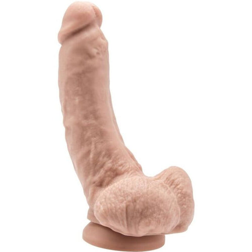 Gode realiste veine a perles Get Real couleur chair vu de trois quarts, gland marque, veines saillantes et testicules sur base ventouse, matiere souple effet peau.