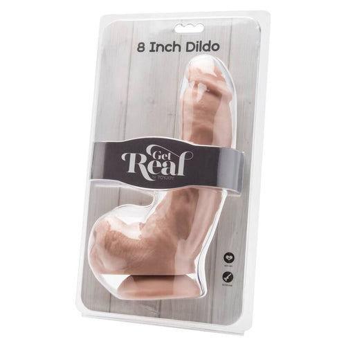 Emballage Get Real 8 Inch Dildo presentant un gode realiste couleur chair veine a gland et testicules visibles sous le blister transparent de la marque.