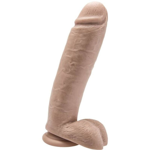 Gode realiste a perles internes Get Real couleur caramel vu de trois quarts, gland marque, testicules moules et base ventouse, matiere souple effet peau.