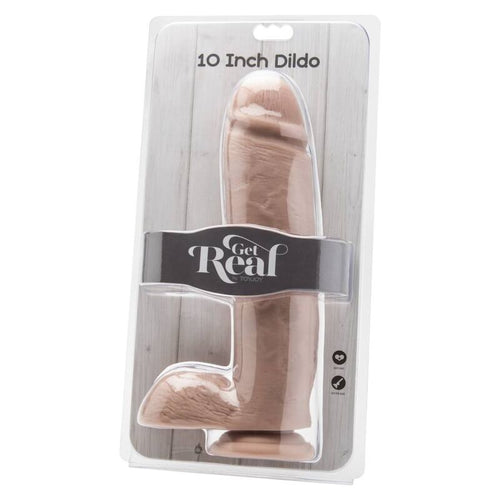 Emballage Get Real 10 Inch Dildo presentant un gode realiste couleur chair a gland et testicules visibles sous le blister transparent, format imposant.