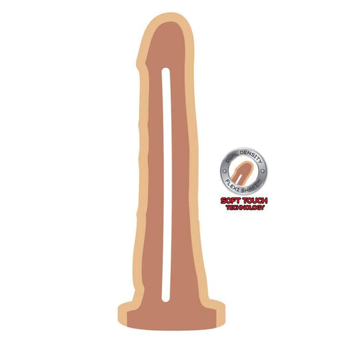 Schema technique du gode double densite Get Real, contour couleur caramel avec gland effile, illustrant la structure noyau ferme et surface souple effet peau.