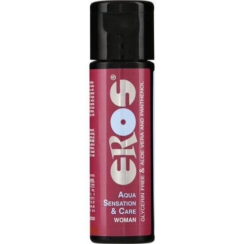 Flacon noir et bordeaux Eros Aqua Sensation & Care Woman, lubrifiant base eau aloe vera et panthenol sans glycerine pour la zone intime feminine