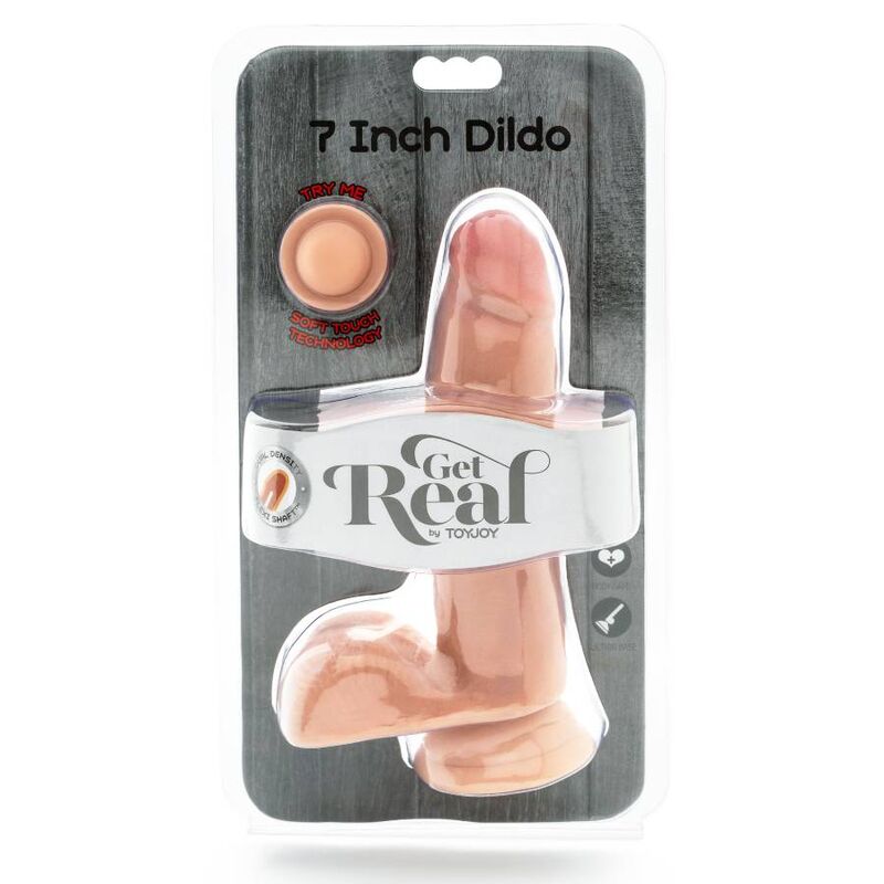 Emballage Get Real 7 Inch Dildo presentant un gode realiste couleur chair double densite avec gland et testicules visibles sous le blister transparent.