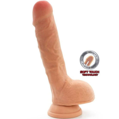 Gode realiste double densite veine Get Real couleur chair, vu de trois quarts, gland marque, veines et testicules sur base ventouse, toucher soft touch realiste.