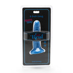 Blister 6 Inch Dong Get Real : gode bleu lisse double densite sous emballage, sextoy a ventouse compatible harnais, packaging bleu de la marque