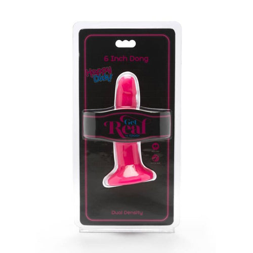 Blister 6 Inch Dong Get Real : gode rose fuchsia lisse double densite sous emballage, sextoy a ventouse, packaging noir et rose de la marque