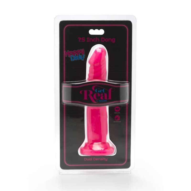 Blister 7.5 Inch Dong Get Real : grand gode rose lisse double densite sous emballage, sextoy a ventouse, packaging noir et rose de la marque