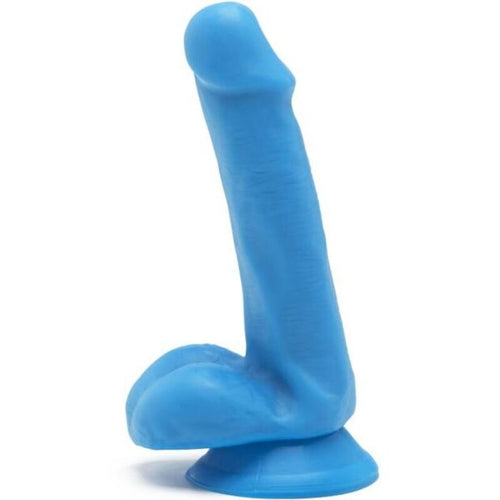 Gode realiste colore Get Real bleu avec testicules et ventouse, profil : gland marque, tige courbee et base ventouse, version ludique double densite couleur vive.