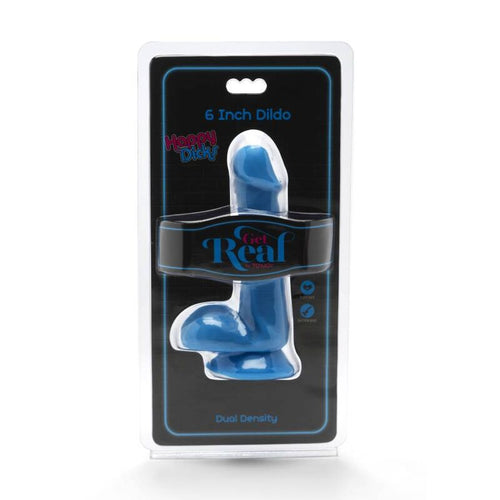 Blister Get Real 6 Inch Dildo Dual Density bleu : packaging presentant le gode realiste colore a gland marque, testicules et ventouse, version fun double densite.