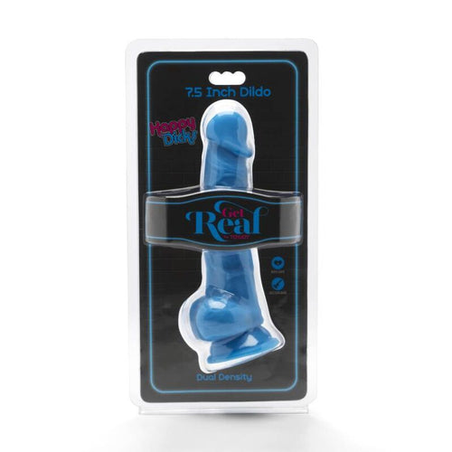 Blister Get Real 7.5 Inch Dildo Dual Density bleu : packaging presentant le grand gode realiste colore a gland marque, testicules et ventouse, version fun double densite.
