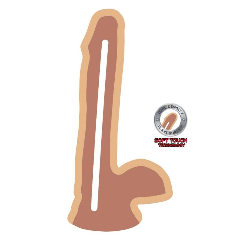 Schema du gode double densite Get Real, contour couleur caramel avec gland et testicules, illustrant la technologie soft touch noyau ferme et exterieur souple.