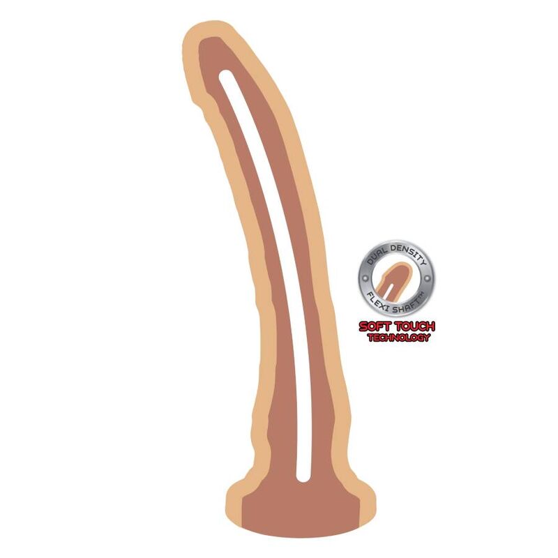 Schema du gode double densite Get Real, contour couleur caramel a gland effile et courbe marquee, illustrant la technologie soft touch a deux densites.
