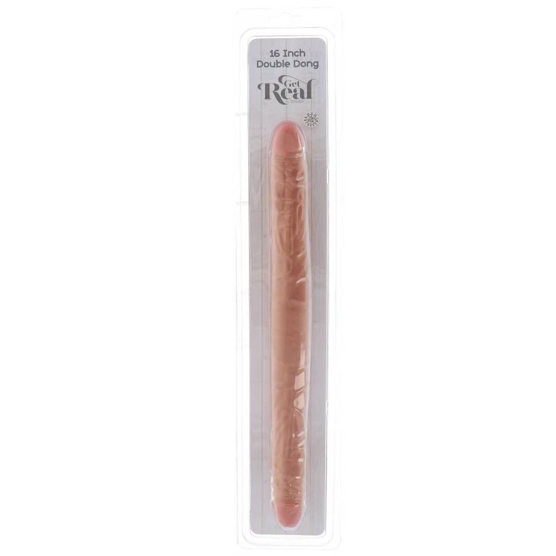 Blister Get Real 16 Inch Double Dong : packaging transparent presentant le double gode realiste chair a deux extremites veinees, longue tige flexible double penetration.