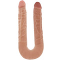 Double gode realiste chair courbe en U, vue alternative : deux glands marques et veines le long de la tige souple, format flexible pour le plaisir partage a deux.