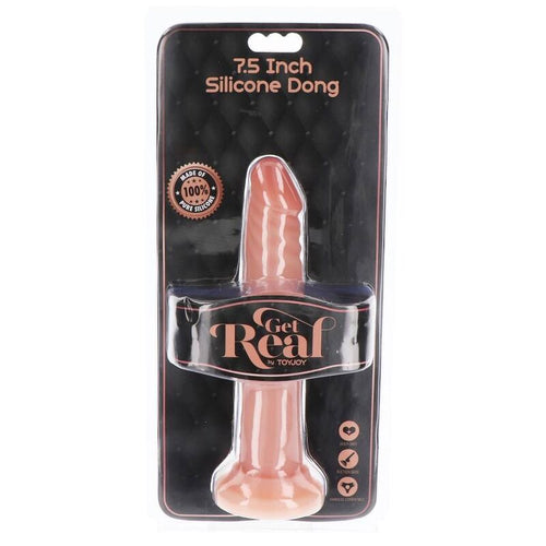 Boite Get Real 7.5 Inch Silicone Dong : packaging noir presentant le gode realiste en silicone chair a gland marque et veines, mention 100% silicone body-safe.