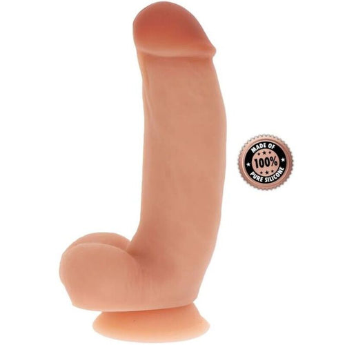 Gode realiste en silicone Get Real avec testicules, vu de trois quarts, tige incurvee couleur chair, gland marque et base ventouse, materiau body-safe non poreux.